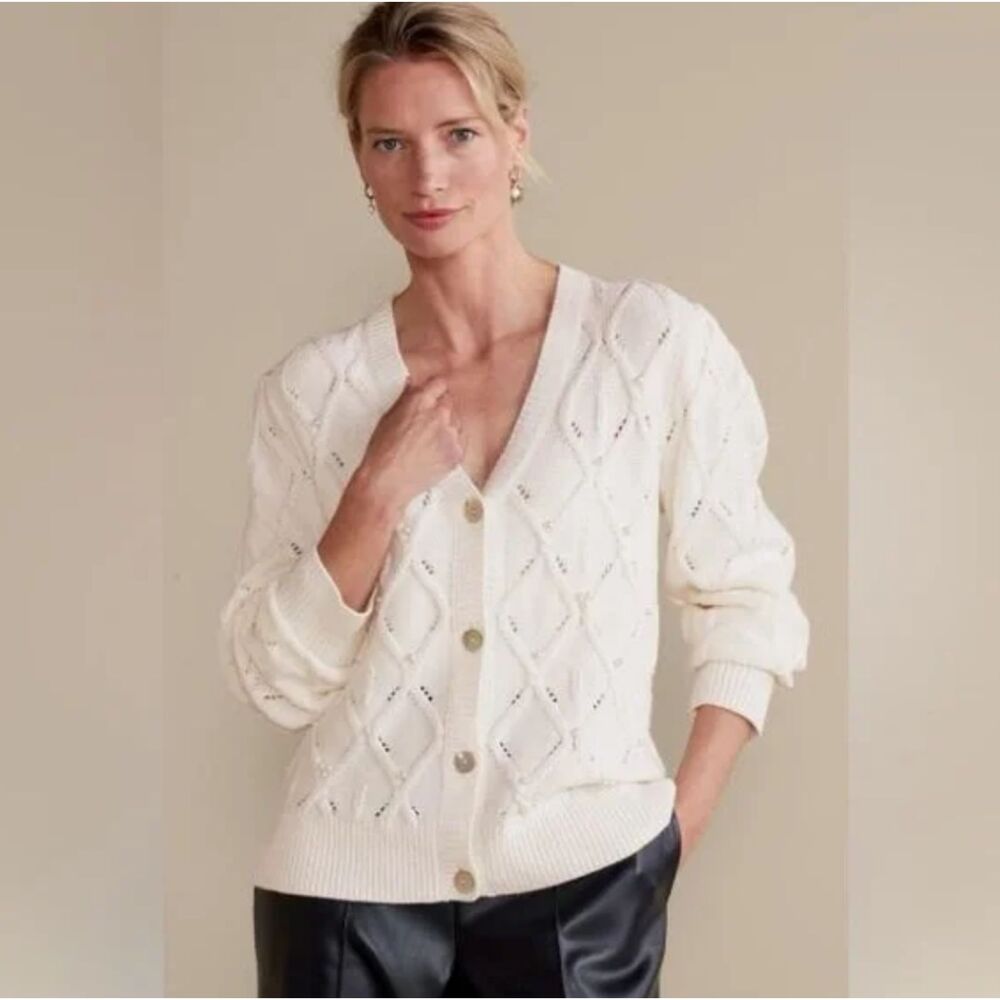 Soft Surroundings Meryl Beaded Cable Knit Classic Cardigan Ivory Sweater Size M